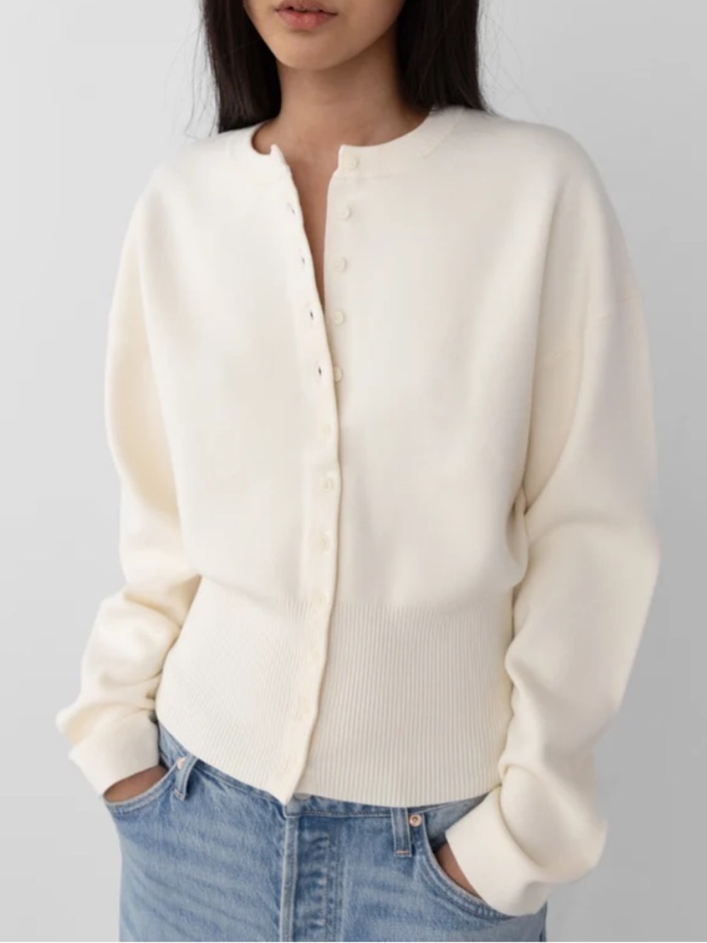OAK + FORT Cream Button-Up Crewneck Cardigan
